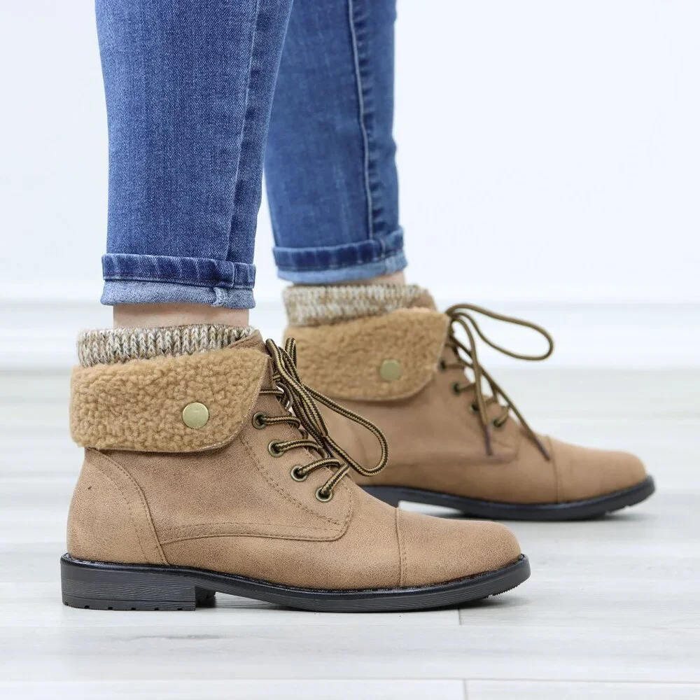 Sherpa Ankle Lined Combat Flat Heel Ankles Boots Tan Faux Leather - Picture 6 of 12